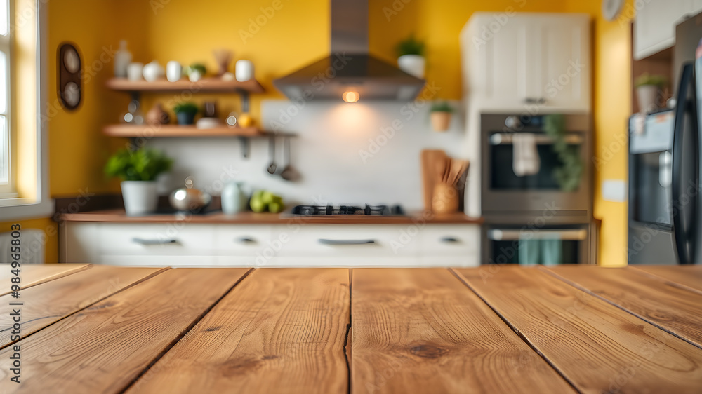 Wooden table top on blur kitchen room background, yellow kitchen room. Generative AI Wooden table top on blur kitchen room background, yellow kitchen room. Generative AI