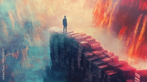 A lone figure stands atop a mountain of books, looking out over a vast, colorful landscape. The books symbolize knowledge and the journey to enlightenment. photo