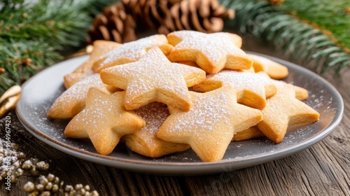 A plate of cookies on a table with pine cones and christmas decorations, AI photo