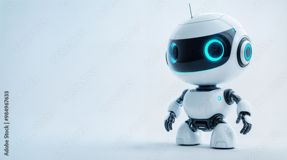 Futuristic white robot with glowing eyes standing against a white background Futuristic white robot with glowing eyes standing against a white background