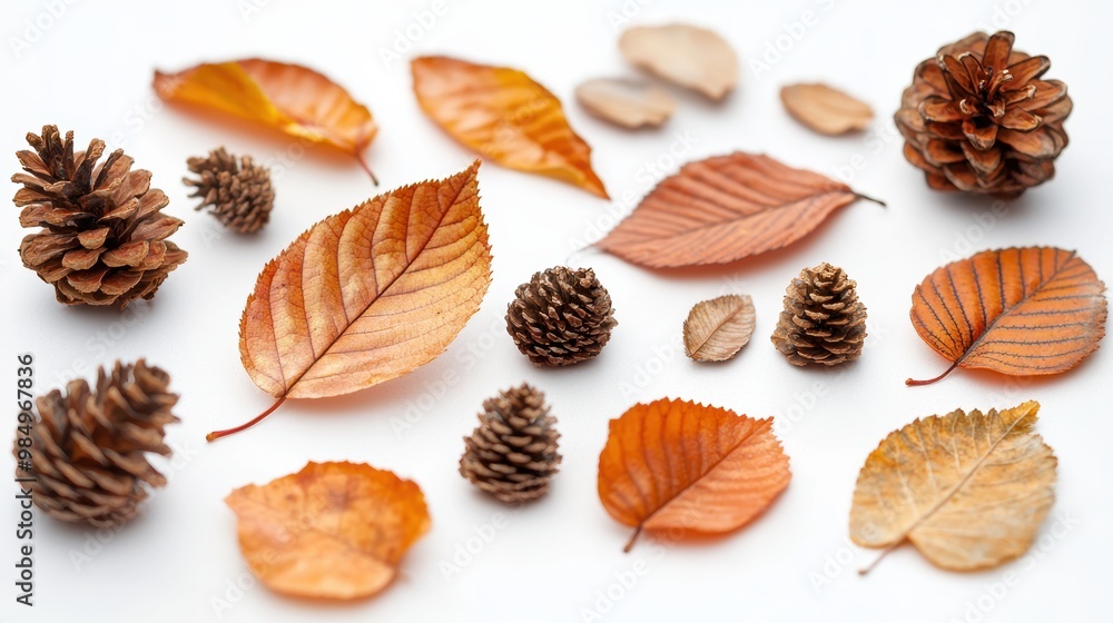 Autumn Leaves and Pinecones on White Background Autumn Leaves and Pinecones on White Background