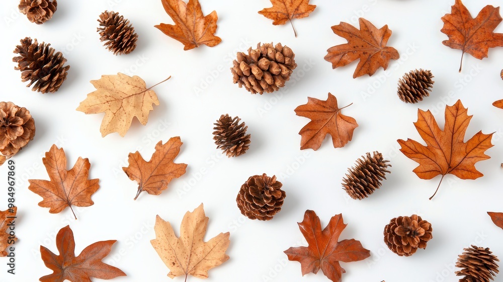 Autumn Leaves and Pinecones on White Background Autumn Leaves and Pinecones on White Background