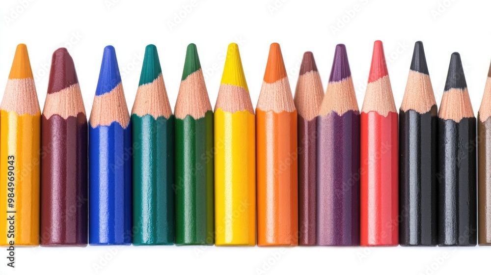 This artwork features an array of bright crayons and pencils lined up neatly against a pristine white background, showcasing a palette of colors ideal for creative projects This artwork features an array of bright crayons and pencils lined up neatly against a pristine white background, showcasing a palette of colors ideal for creative projects