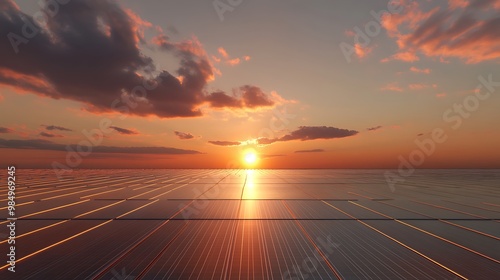 Sunset over water with solar panels reflecting light, clean energy concept