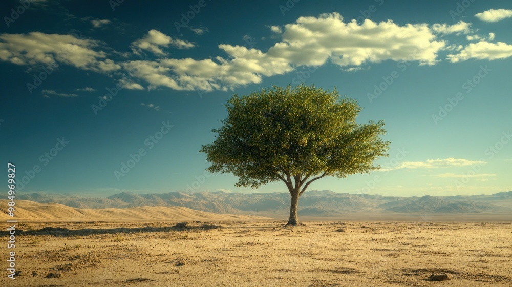 Solitary Tree in a Vast, Sandy Desert Landscape Solitary Tree in a Vast, Sandy Desert Landscape
