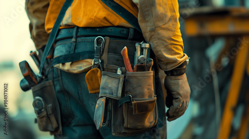 Closeup of Maintenance worker with bag and tools kit wearing on waist