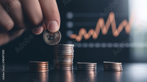 close-up of a hand placing coins on a stack, symbolizing the act of saving and growing finances, with a blurred background of a financial chart, illustrating the importance of budg photo