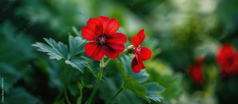 Red Geranium Flower Over The Green Plants Background Red Geranium Flower Over The Green Plants Background
