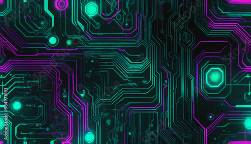 Circuit carte sd réseau neurone internet wifi ordinateur composant vert violet électronique néon puce processeur.