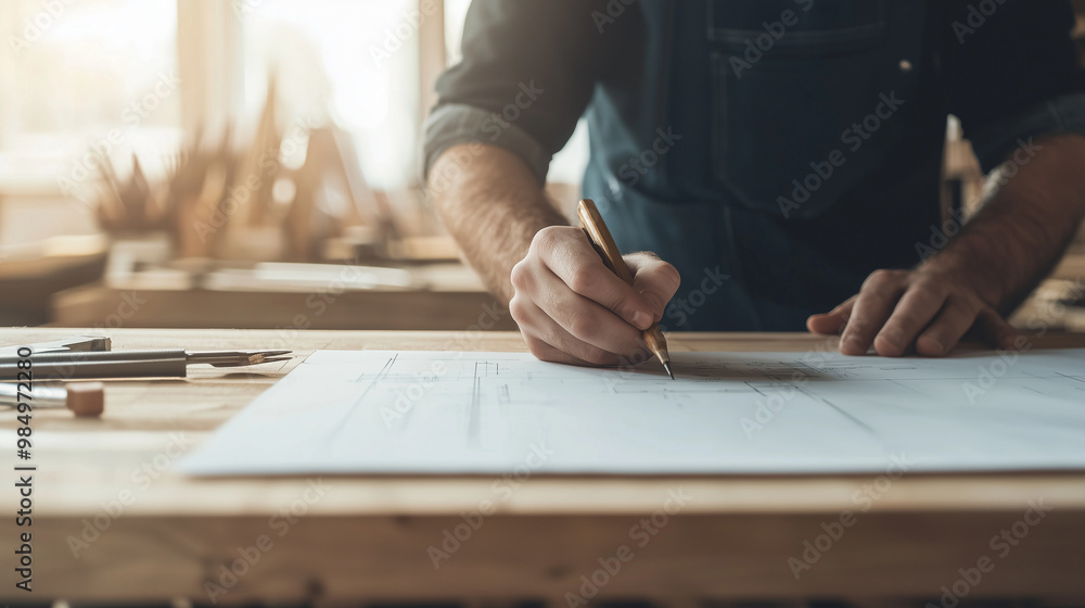 A wood designer in a workshop, sketching plans on a wooden plank with tools and blueprints scattered around, highlighting craftsmanship and creativity photo A wood designer in a workshop, sketching plans on a wooden plank with tools and blueprints scattered around, highlighting craftsmanship and creativity photo
