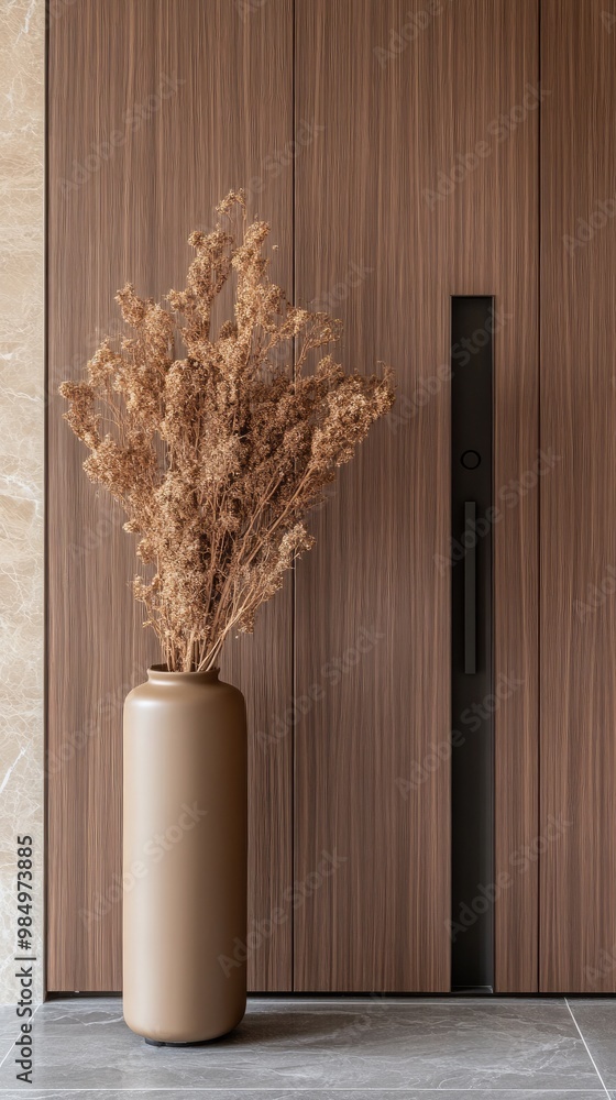 The warm atmosphere of the hallway showcases a sleek walnut wood door and a vase of dried flowers against dark marble walls and light gray tiles, enhanced by natural lighting. The warm atmosphere of the hallway showcases a sleek walnut wood door and a vase of dried flowers against dark marble walls and light gray tiles, enhanced by natural lighting.