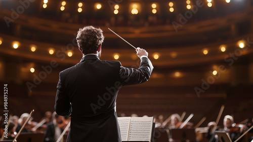 male conductor leading a classical orchestra, passionately directing the musicians with a baton, highlighting the energy and collaboration in a live performance environment. photo photo