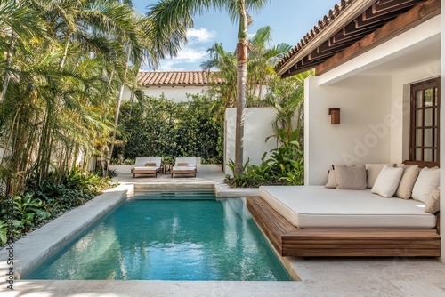 Wallpaper Mural A tranquil outdoor space with a beautiful pool, sun loungers, and tropical plants under a clear blue sky Torontodigital.ca