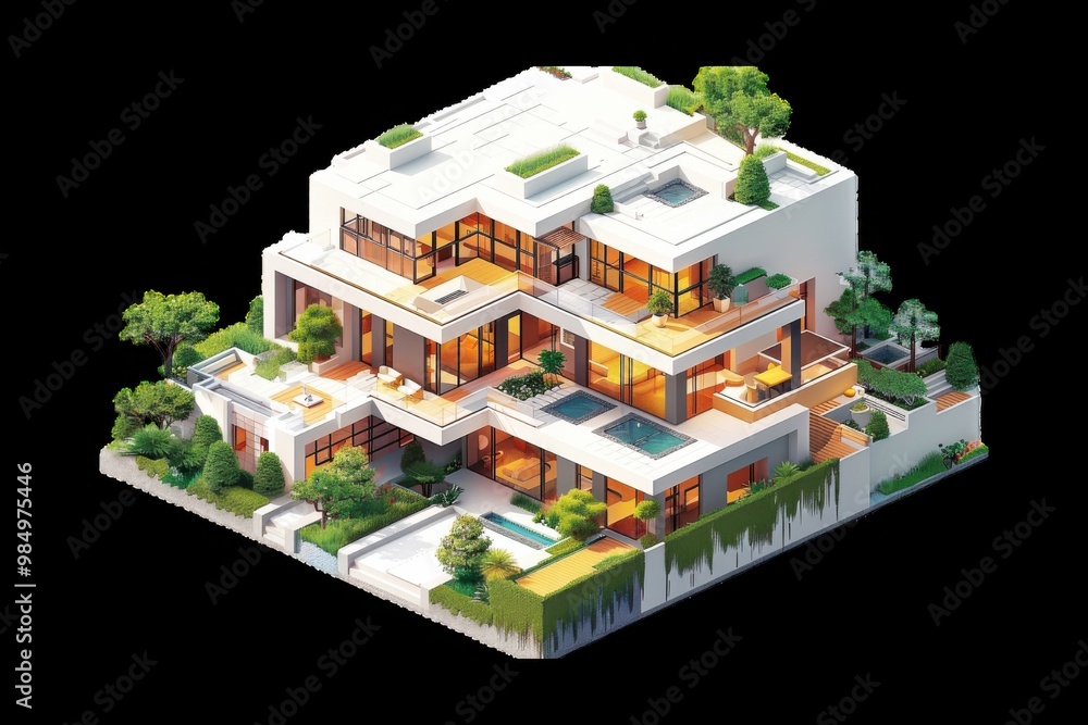 Modern luxury house with pool at night in a serene setting Modern luxury house with pool at night in a serene setting