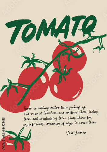 Vector poster with Mediterranean tomatoes. Tomatoes kissed by the Mediterranean sun. Hand-drawn card isolated on beige background. Tasty food for design, print, fabric or background.