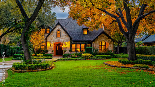 Fototapeta Naklejka Na Ścianę i Meble -  Beautiful Texas home with a lush yard, vibrant autumn foliage, and rich fall colors.