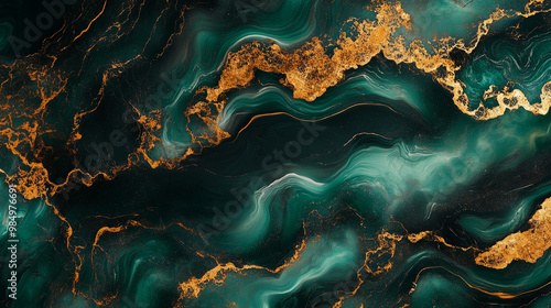 Golden Streaks Flowing Through Dark Green Fluid Marble Texture Abstract Pattern photo