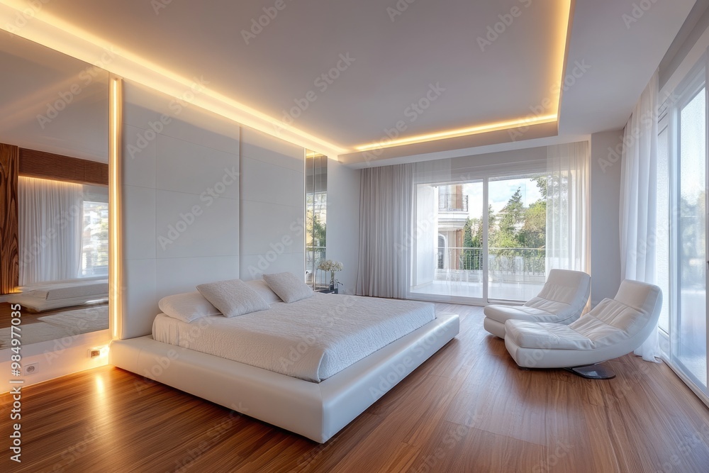 Fototapeta premium Luxurious Modern Bedroom Interior Design with Panoramic View