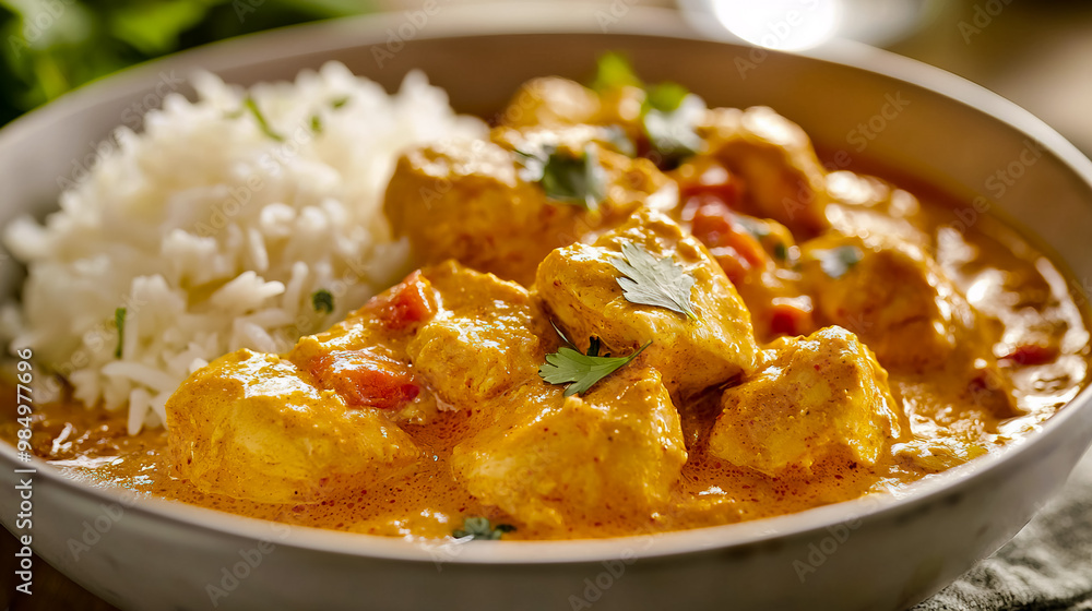Bowl of rich and creamy chicken curry with tender boneless pieces, served with a side of steamed rice. Bowl of rich and creamy chicken curry with tender boneless pieces, served with a side of steamed rice.
