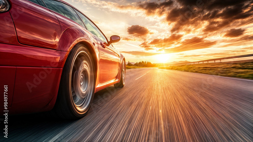 Red car driving on open road under a sky with clouds