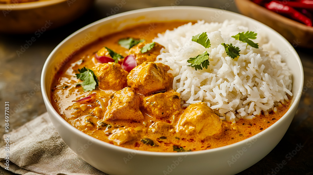Bowl of rich and creamy chicken curry with tender boneless pieces, served with a side of steamed rice. Bowl of rich and creamy chicken curry with tender boneless pieces, served with a side of steamed rice.
