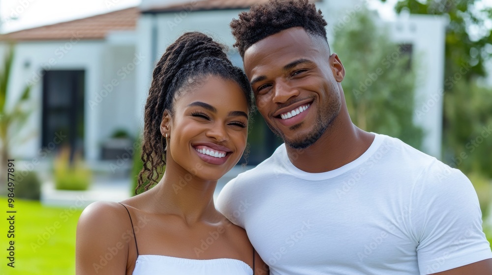 A man and woman smiling while standing in front of a house, AI A man and woman smiling while standing in front of a house, AI