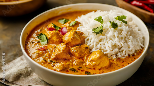 Bowl of rich and creamy chicken curry with tender boneless pieces, served with a side of steamed rice.