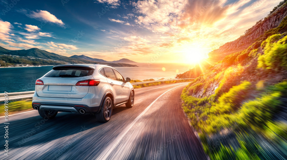 White suv traveling on scenic coastal road with sunset in background White suv traveling on scenic coastal road with sunset in background
