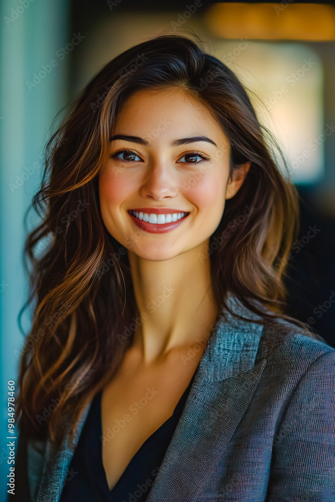 Close-up corporate portrait of a young lady smiling in an office setting. Close-up corporate portrait of a young lady smiling in an office setting.