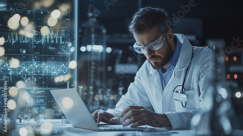 atmospheric shot of a researcher in a lab at night, engaged in data analysis on a laptop while referencing information on a tablet, with ambient lighting highlighting the various s photo