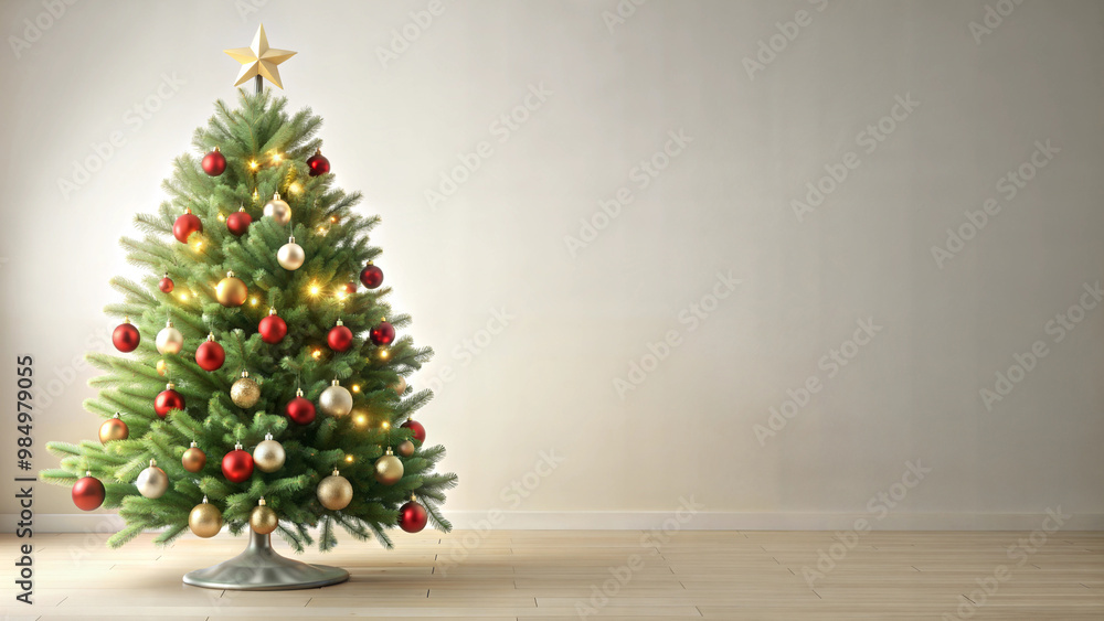 Christmas tree with red and gold balls in an empty room Christmas tree with red and gold balls in an empty room