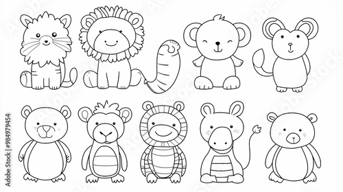 Coloring book page featuring a group of 9 different cute animals in a simple line art style.