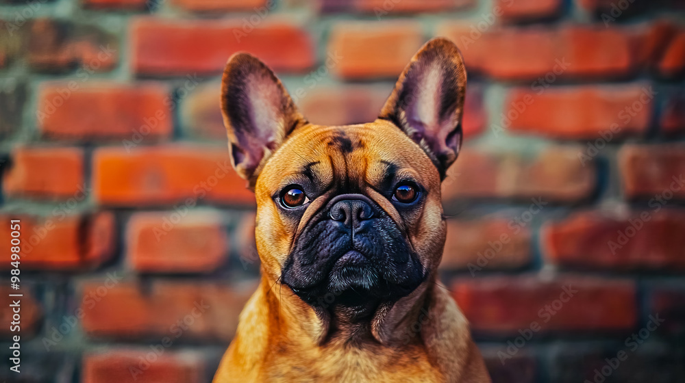 Obraz premium French Bulldog with a flat face in front of a brick wall.