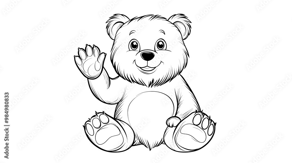 Fototapeta premium Coloring page of a cute bear sitting and waving one paw designed as a children's coloring book illustration.