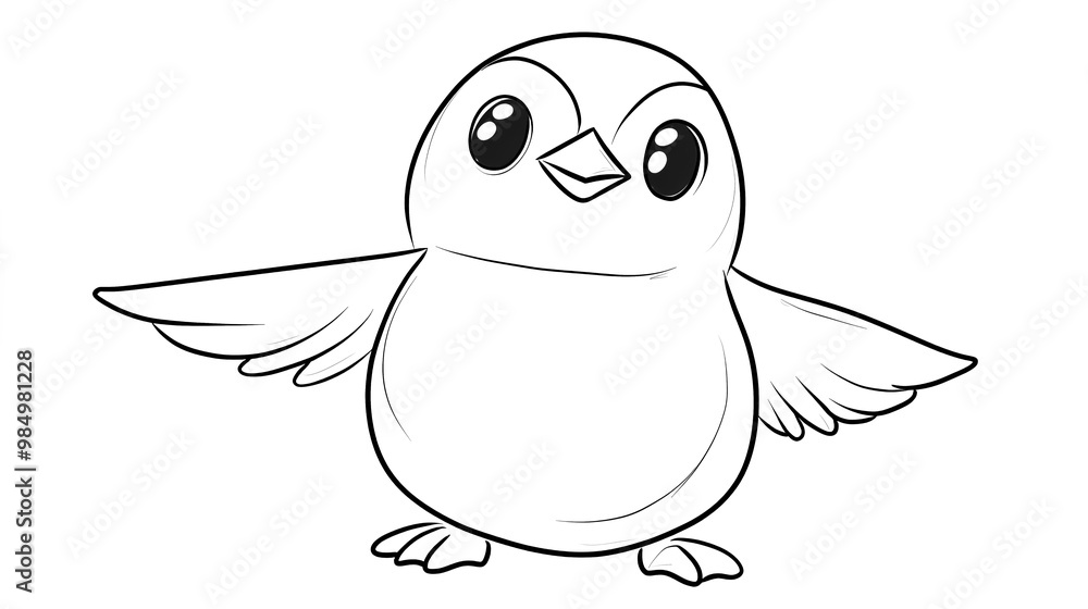 Fototapeta premium A cute penguin standing with its wings slightly outstretched, designed as a children's coloring book illustration.