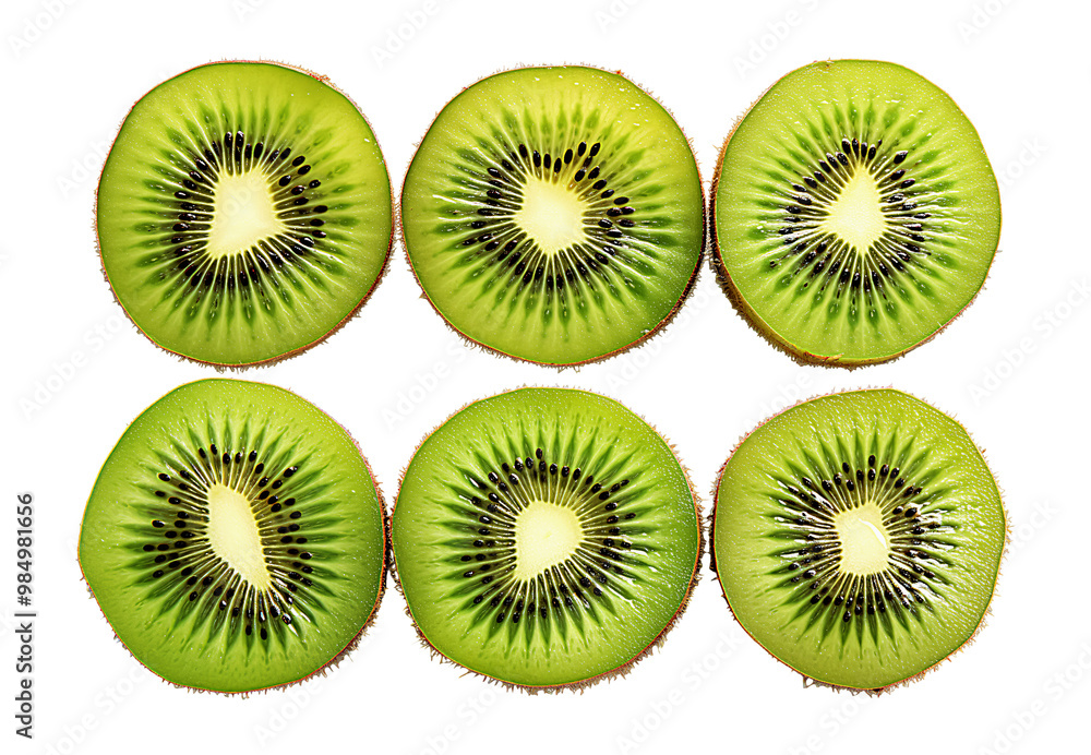 Six vibrant kiwi slices arranged in a grid pattern Six vibrant kiwi slices arranged in a grid pattern