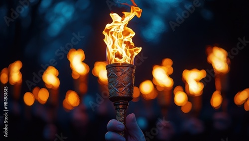 Inspirational Labour Day image of a torch being passed from one worker to another, representing legacy and continuity photo