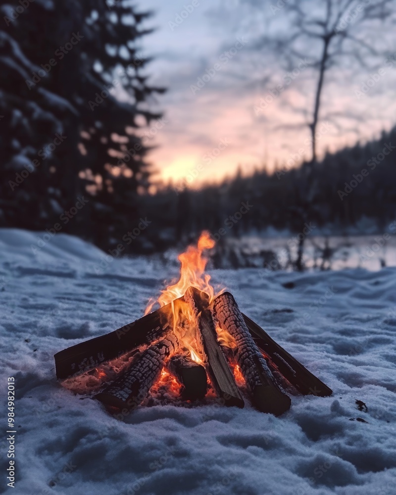 A warm campfire crackles on the snow as dusk descends, illuminating the winter landscape near a peaceful lake A warm campfire crackles on the snow as dusk descends, illuminating the winter landscape near a peaceful lake