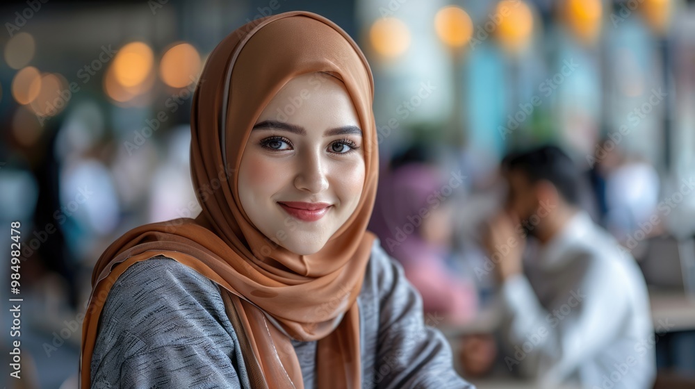 Portrait of a happy woman wearing hijab at a cafe table, with a cheerful expression and confident look, while other customers are chatting and socializing in the background. Portrait of a happy woman wearing hijab at a cafe table, with a cheerful expression and confident look, while other customers are chatting and socializing in the background.