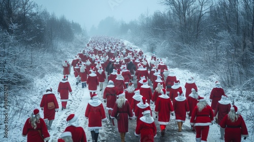 A procession of individuals dressed as Santa Claus walking through a snowy forest along a winding path on a foggy winter day photo