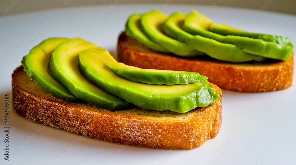 The avocado is sliced and neatly arranged on the toast, showcasing its vibrant green color and creamy texture. The avocado is sliced and neatly arranged on the toast, showcasing its vibrant green color and creamy texture.