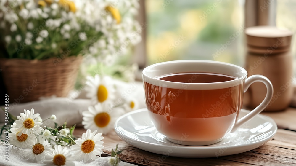 Fototapeta premium A cup of tea sits on a white plate next to a vase of flowers. The flowers are yellow and white and are arranged in a basket. Concept of relaxation and comfort, as the tea
