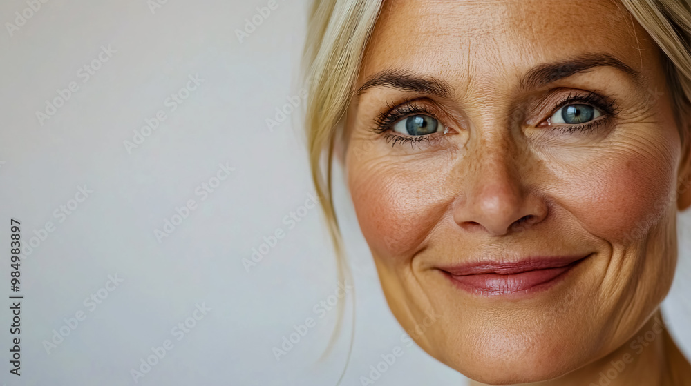 Naklejka premium Photo of a happy 60-year-old Norwegian woman in a photo studio with a white background.