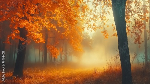 Magical autumn woods with thick fog, fall colours in the park, beautiful autumn landscape. 