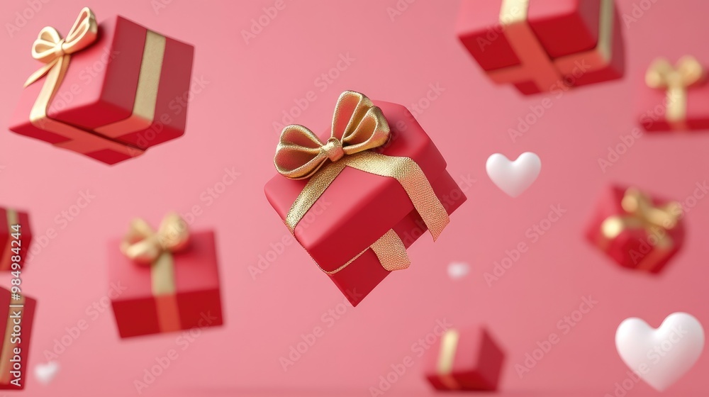 Red gift boxes with golden bows and white hearts floating on a pink background. Red gift boxes with golden bows and white hearts floating on a pink background.
