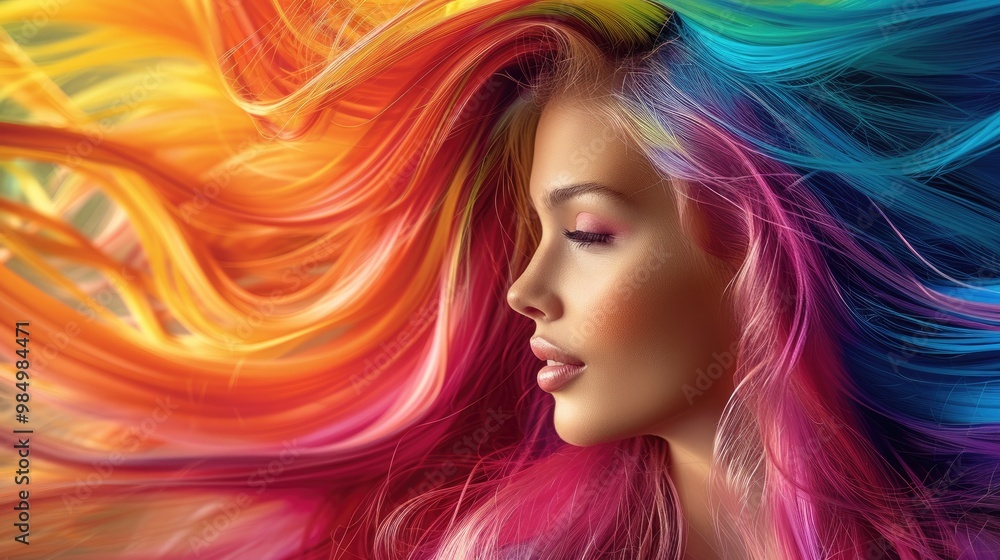 Close-up of a woman with rainbow colored hair smiling at the camera. Close-up of a woman with rainbow colored hair smiling at the camera.