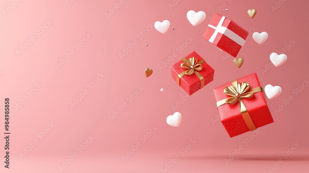 Red gift boxes with gold ribbons and white hearts floating in the air on pink background. Red gift boxes with gold ribbons and white hearts floating in the air on pink background.