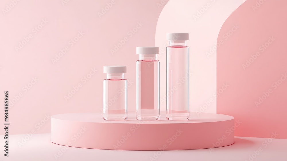 Three glass vials with white caps on a pink platform. Three glass vials with white caps on a pink platform.