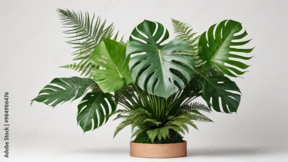 A vibrant arrangement of tropical leaves in a wooden pot, enhancing interior decor with a natural touch. A vibrant arrangement of tropical leaves in a wooden pot, enhancing interior decor with a natural touch.