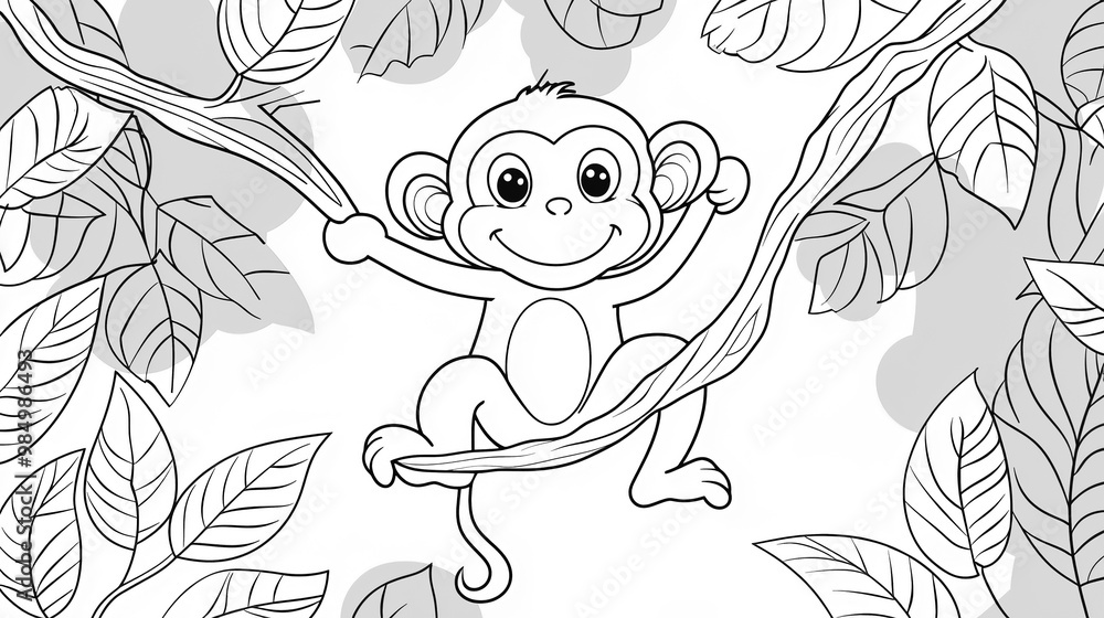 A playful monkey hanging from a tree branch, designed as a children's coloring book illustration. A playful monkey hanging from a tree branch, designed as a children's coloring book illustration.